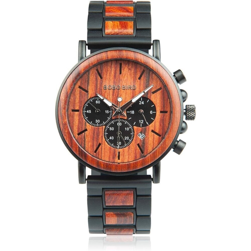 Men's Red Wood Stainless Steel Combined Chronograph Military Quartz Watches